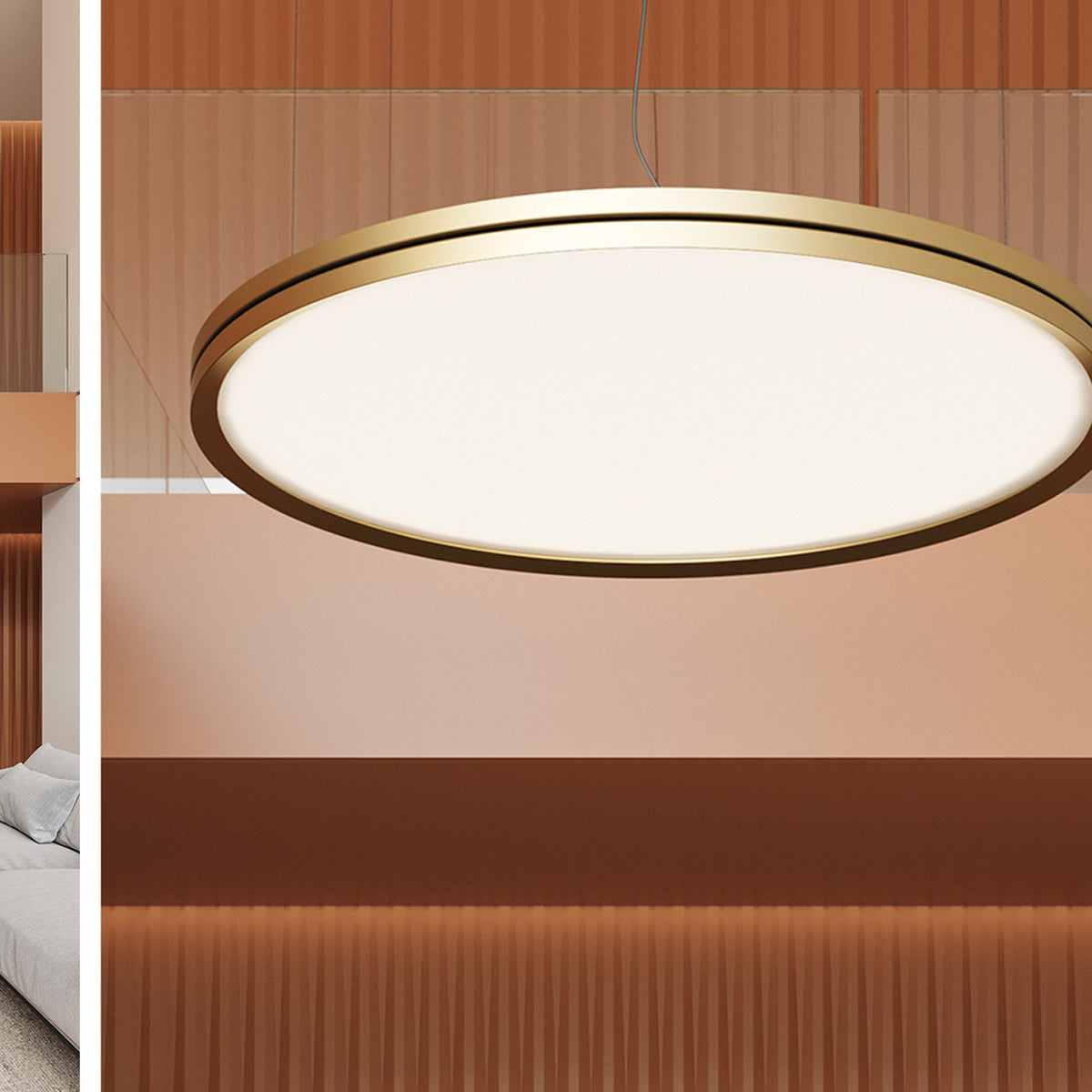 Lite Hole S90 round LED pendant light with a gold aluminium rim and flat white glowing face, shown hanging above a dining area with warm terracotta panelled walls.