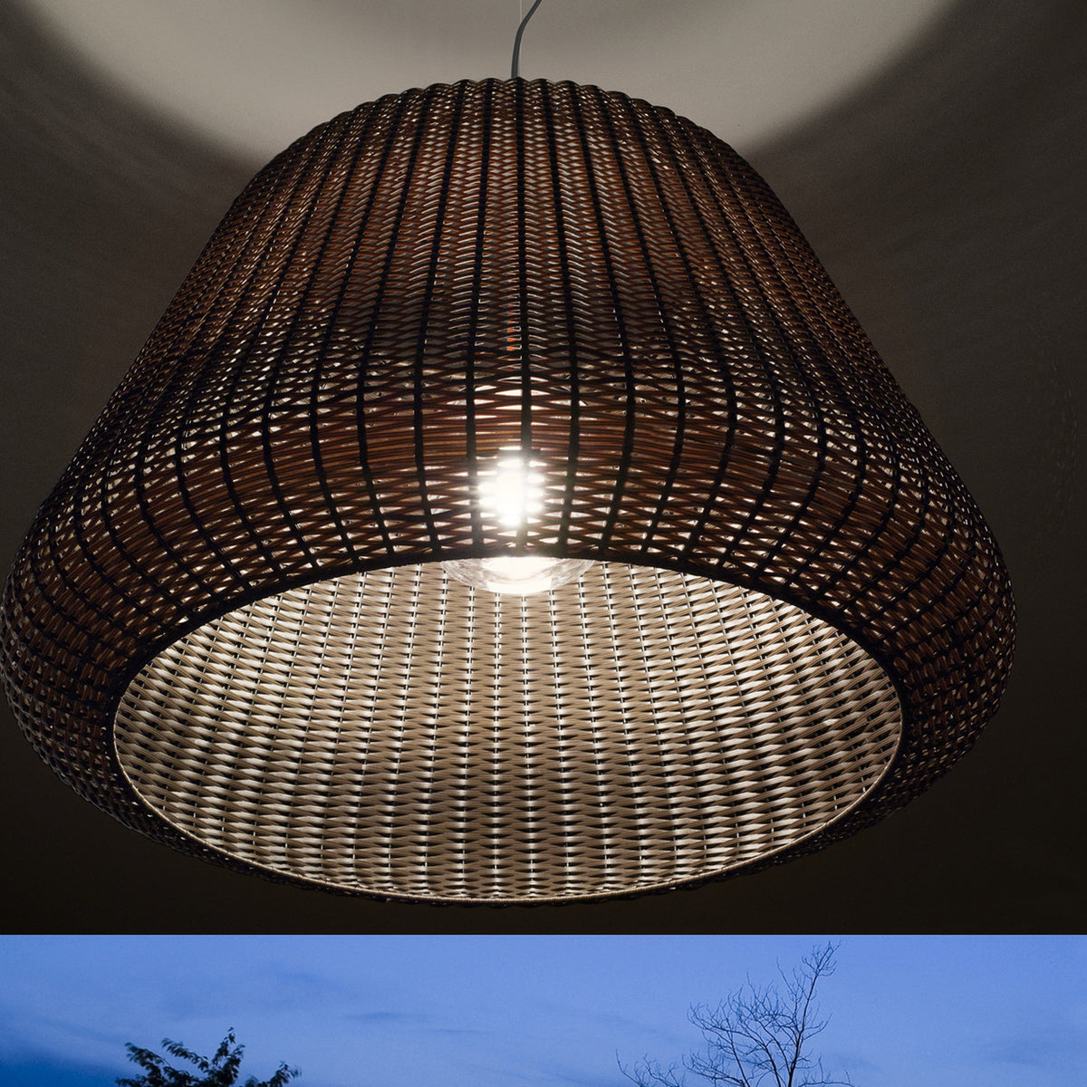 Ralph woven outdoor pendant light, 90cm bell-shaped shade in metallic brown, glowing E27 bulb visible through the open weave, shown outdoors at dusk.