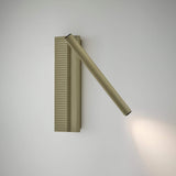 Arid A/03 LED wall light in Textured Olive Grey aluminium, with a fluted vertical plate and an angled slim tube casting warm light, shown on a plain white background.