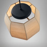 Tanit S/61 LED pendant light, octagonal faceted beige cotton thread shade with matt black canopy and stem, shown close-up from below on a plain grey background.