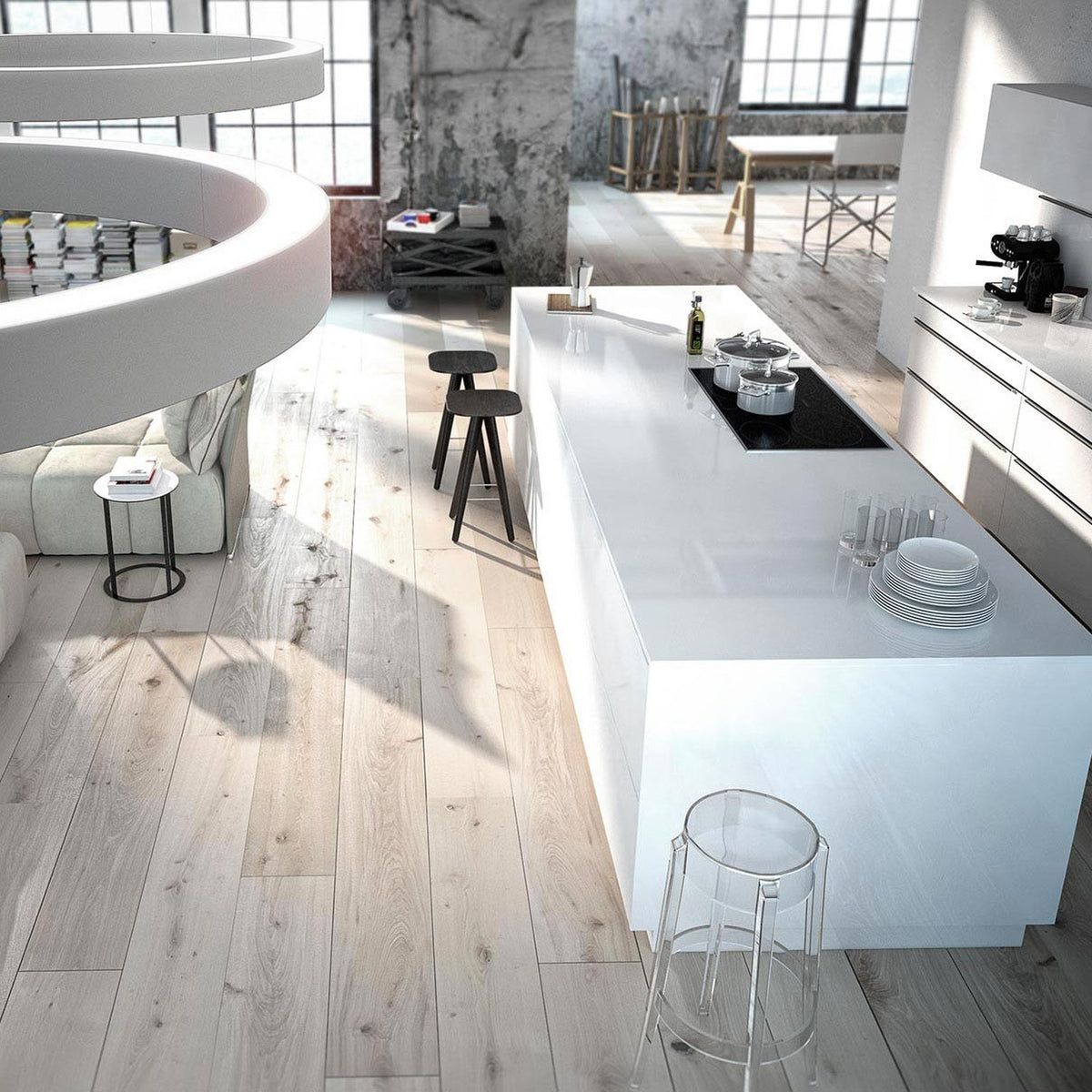Golden Ring Aluminium LED Pendant Light, 123cm white ring fixture suspended above a white kitchen island in a modern open-plan living space.