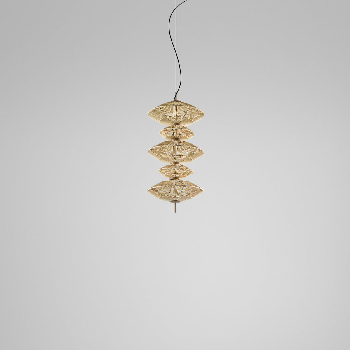 Yuyun S/5C fabric LED pendant light with five stacked woven shades in alternating sizes, satin beige finish with beige cotton thread, shown on a long cable against a plain light grey background.