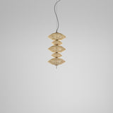 Yuyun S/5C fabric LED pendant light with five stacked woven shades in alternating sizes, satin beige finish with beige cotton thread, shown on a long cable against a plain light grey background.