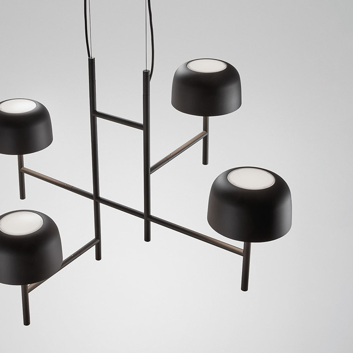 Bol S/4L 4 Light LED Pendant Light with dome-shaped black shades on a slender ladder-style aluminium frame, shown in close-up against a plain light grey background.