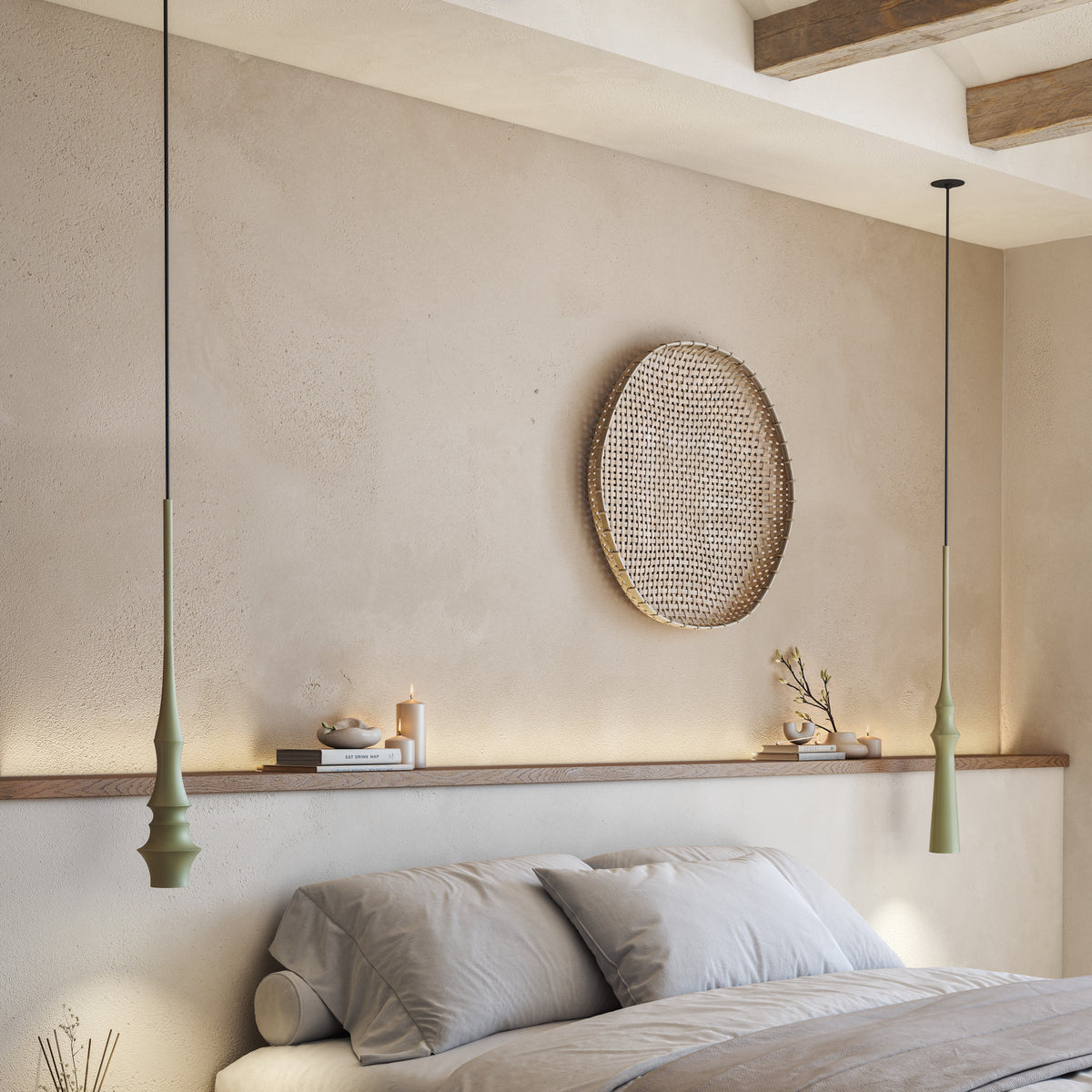Two Slend 02 aluminium pendant lights in sage green with slim tapering bodies and ringed lower sections, hung above a bedroom shelf and bed.