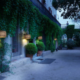 Fora A Drum LED Outdoor Wall Lights in light beige woven shades mounted on a mirrored, ivy-covered building facade illuminating a courtyard pathway.