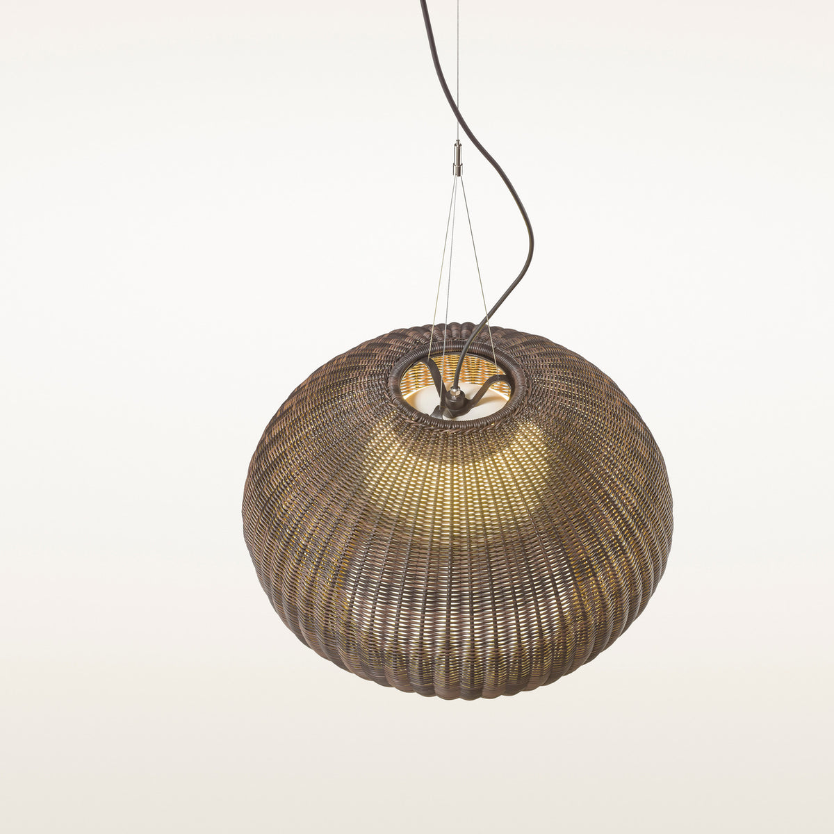 Garota S/01 Globe LED Outdoor Pendant Light in brown, a round woven open-weave shade glowing warmly from within, suspended on dark cable against a plain light background.