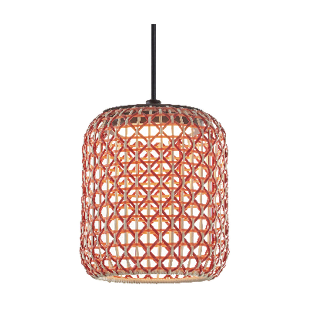 Nans S/21 outdoor pendant light with a rounded woven shade in red, orange and beige open lattice fabric, suspended from a graphite brown cord on a plain white background.