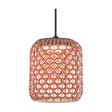 Nans S/21 outdoor pendant light with a rounded woven shade in red, orange and beige open lattice fabric, suspended from a graphite brown cord on a plain white background.