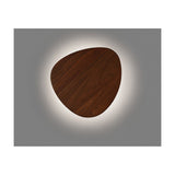 Tria 05 Wood LED outdoor wall light with a flat, pebble-shaped teak wood face, glowing with a soft warm-white halo against a grey background.