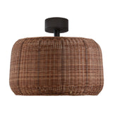 Fora PF Rattan LED Outdoor Ceiling Light in Rattan Brown, a semi-flush fixture with a woven oval shade on a short stem and round black canopy, shown on a plain white background.