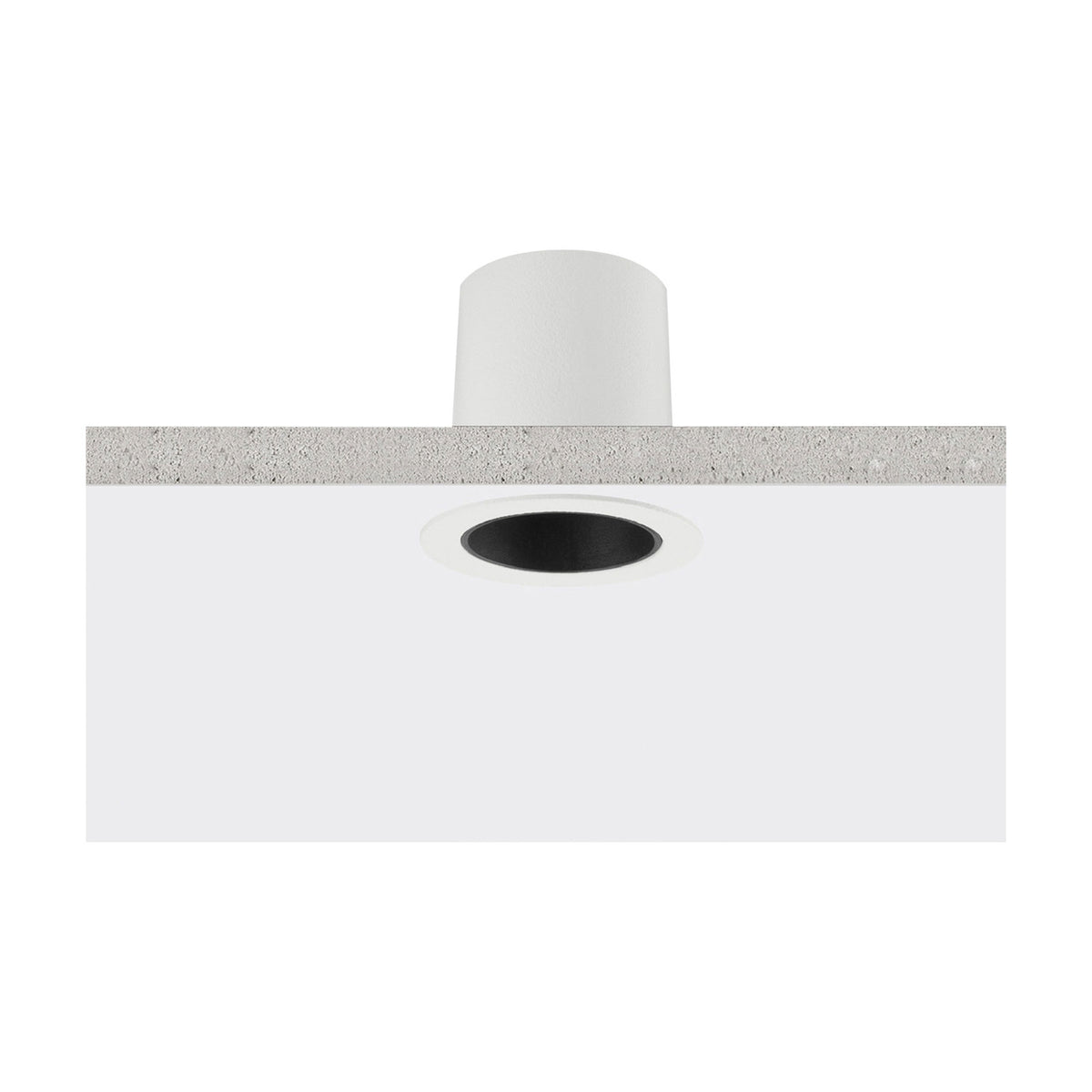 Nick Aluminium Round Recessed LED Downlight in white, shown cross-section style set into a ceiling, with a white trim, black interior, and a cylindrical housing above a light grey surface.