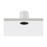 Nick Aluminium Round Recessed LED Downlight in white, shown cross-section style set into a ceiling, with a white trim, black interior, and a cylindrical housing above a light grey surface.