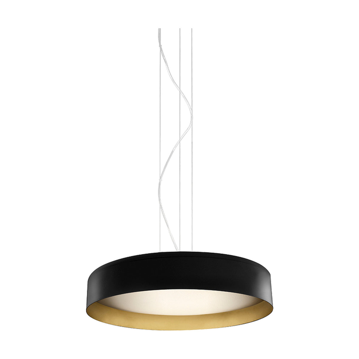 Ginevra 50 drum LED pendant light in matt black with a brass inner band, wide flat shade and white diffuser, suspended on wavy cables against a plain white background.