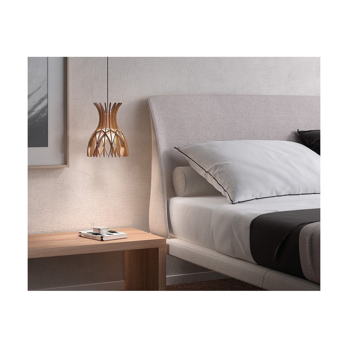 Domita S/20 wood bell pendant light with curved natural wood slats in a lattice design, shown hanging beside a bed in a bedroom setting.