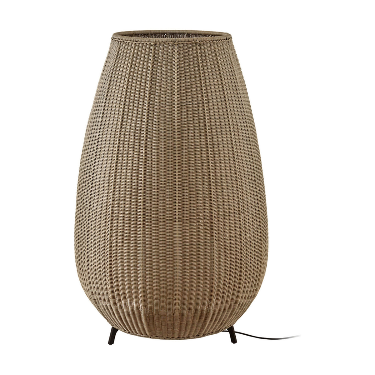 Amphora 03 Woven LED Outdoor Floor Lamp in beige, a large rounded woven fixture tapering to an open top on three short legs, shown on a plain white background.