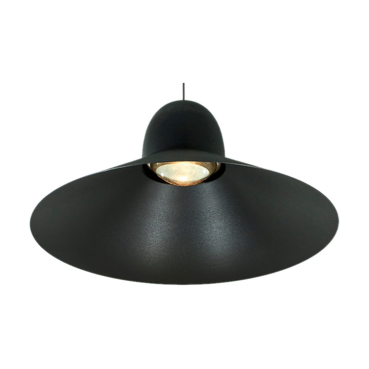 Speers SR L pendant light in black with a rounded dome top flaring into a wide, shallow cone shade, integrated LED, shown on a plain white background.
