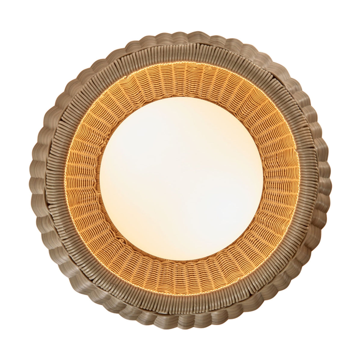 Amphora 01 outdoor floor lamp in beige with a round, tapering woven shade and white inner diffuser glowing warmly, shown on a plain white background.
