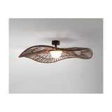 Mediterrània PF/105 outdoor ceiling light with a wide, wavy brown woven fibre shade, integrated LED diffuser, and short stem mount, shown against a plain grey background.