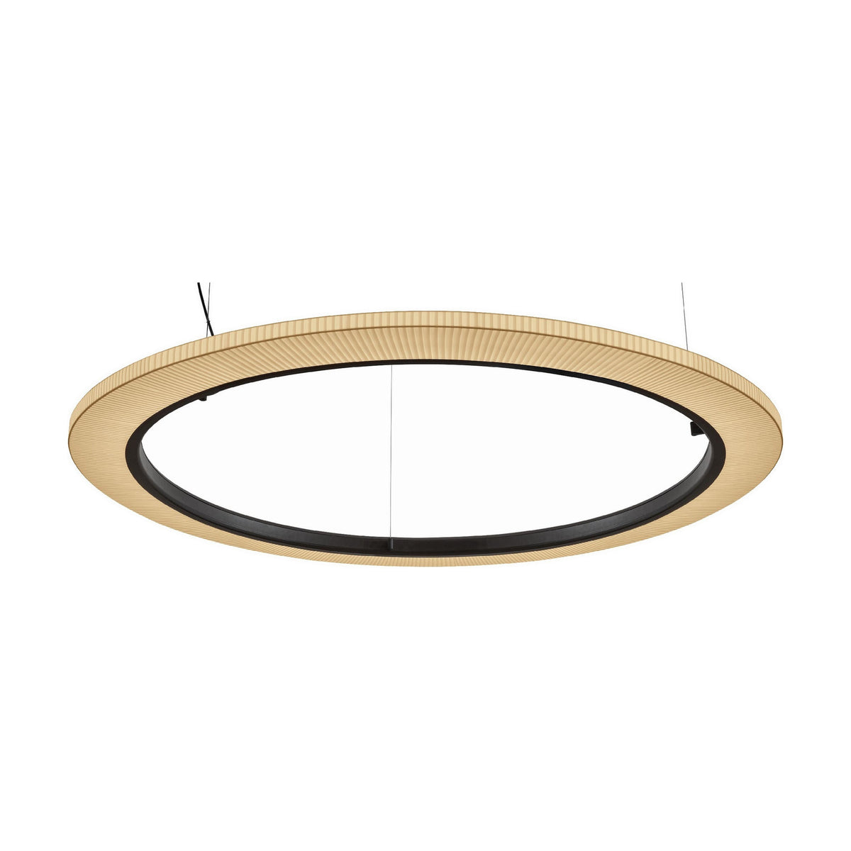 Roda S/150 ring pendant light with cream pleated ribbon shade, black inner edge and fine suspension wires, shown on a plain white background.