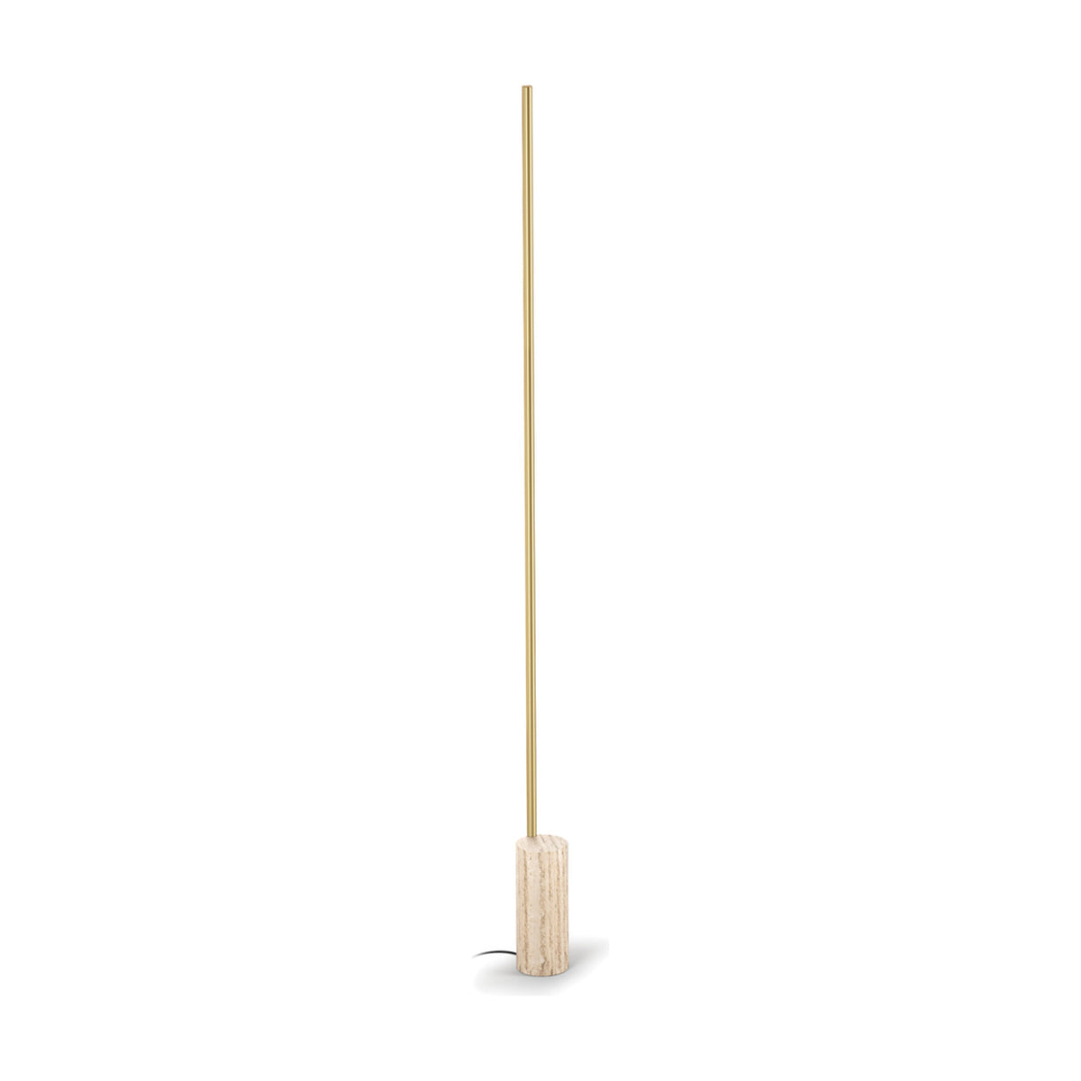 Hilow Line Travertine Linear LED Floor Lamp with a slim brushed brass aluminium rod rising from a round travertine base, shown on a plain white background.