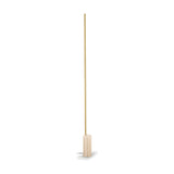 Hilow Line Travertine Linear LED Floor Lamp with a slim brushed brass aluminium rod rising from a round travertine base, shown on a plain white background.