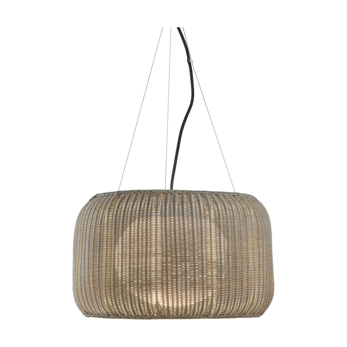 Fora S Drum LED Outdoor Pendant Light in Light Beige, a woven drum shade suspended on three fine wires, shown glowing softly against a plain white background.