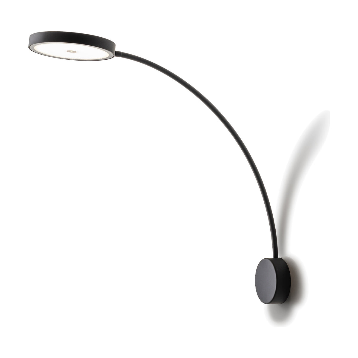 Dip Disc LED Wall Light in matt black, featuring a round wall plate with a long curved arm extending to a flat circular disc head, shown on a plain white background.