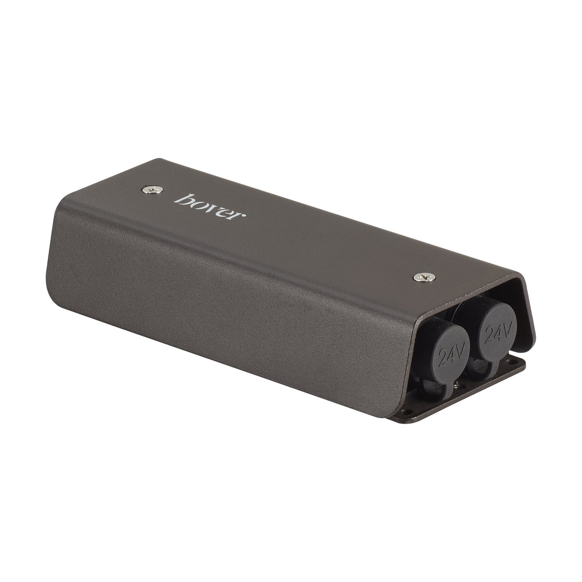 Birdie 24V Connector Box in dark bronze-grey metal housing with two capped 24V outlets and mounting screws, shown on a plain white background.