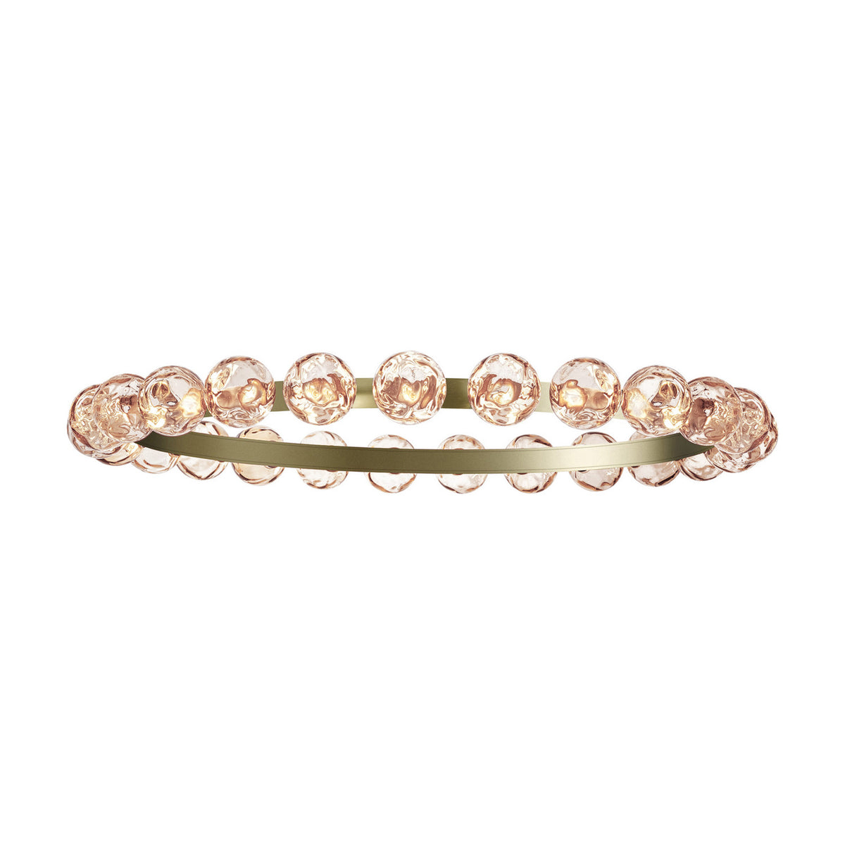 Murané R 25 ring chandelier with 25 textured pink glass spheres on a slim Brushed Champagne band, integrated LED, 110cm, shown on a white background.