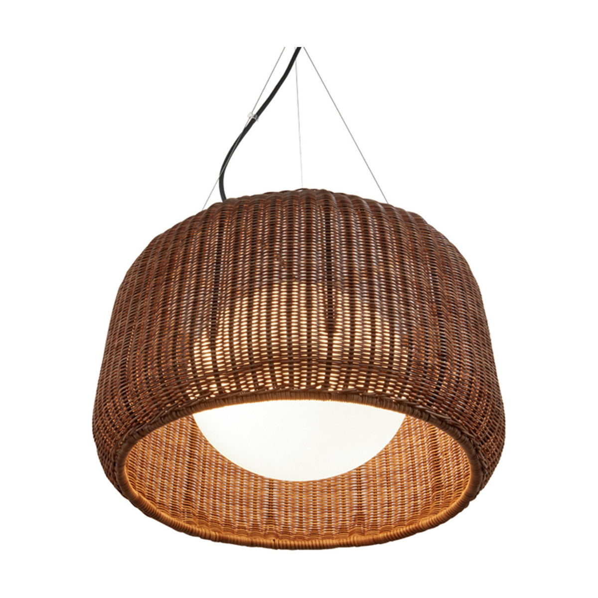 Fora S Rattan LED Outdoor Pendant Light in Rattan Brown, a woven drum-shaped shade with glowing white inner globe, suspended on cables against a plain white background.