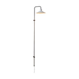 Platet A/05 wall light with tall slim aluminium rod, curved top arm and shallow cone shade in light grey, shown on a plain white background.
