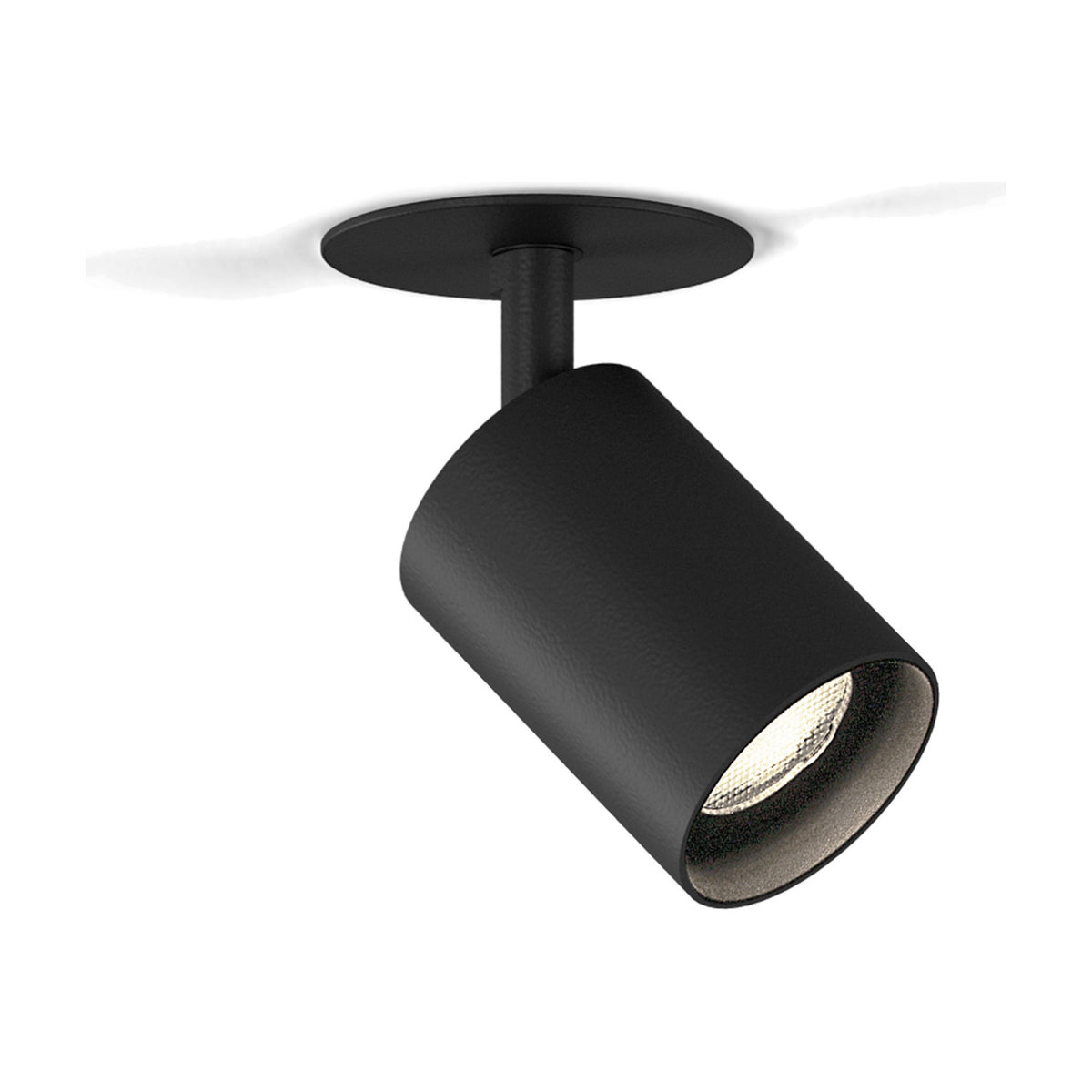 Carl Adjustable Recessed LED Downlight in black, showing a round ceiling trim plate with an angled cylindrical head on a short stem, set against a plain white background.