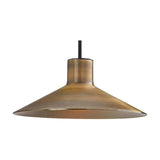 Platet S/20 pendant light with a shallow 20cm cone shade in antique brass finish, aluminium construction and slim black stem, shown on a plain white background.
