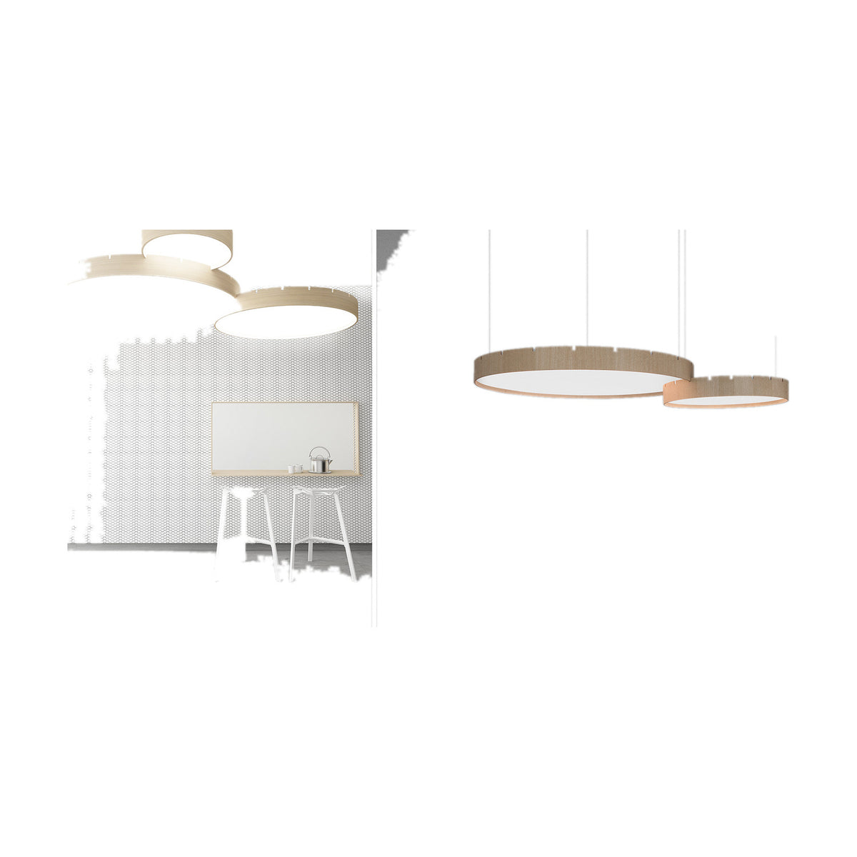 Castle S120 round LED pendant lights in oak-finish aluminium with notched edges and white diffusers, shown in two sizes against a plain white background.
