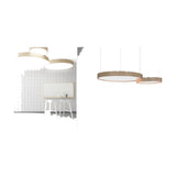 Castle S120 round LED pendant lights in oak-finish aluminium with notched edges and white diffusers, shown in two sizes against a plain white background.