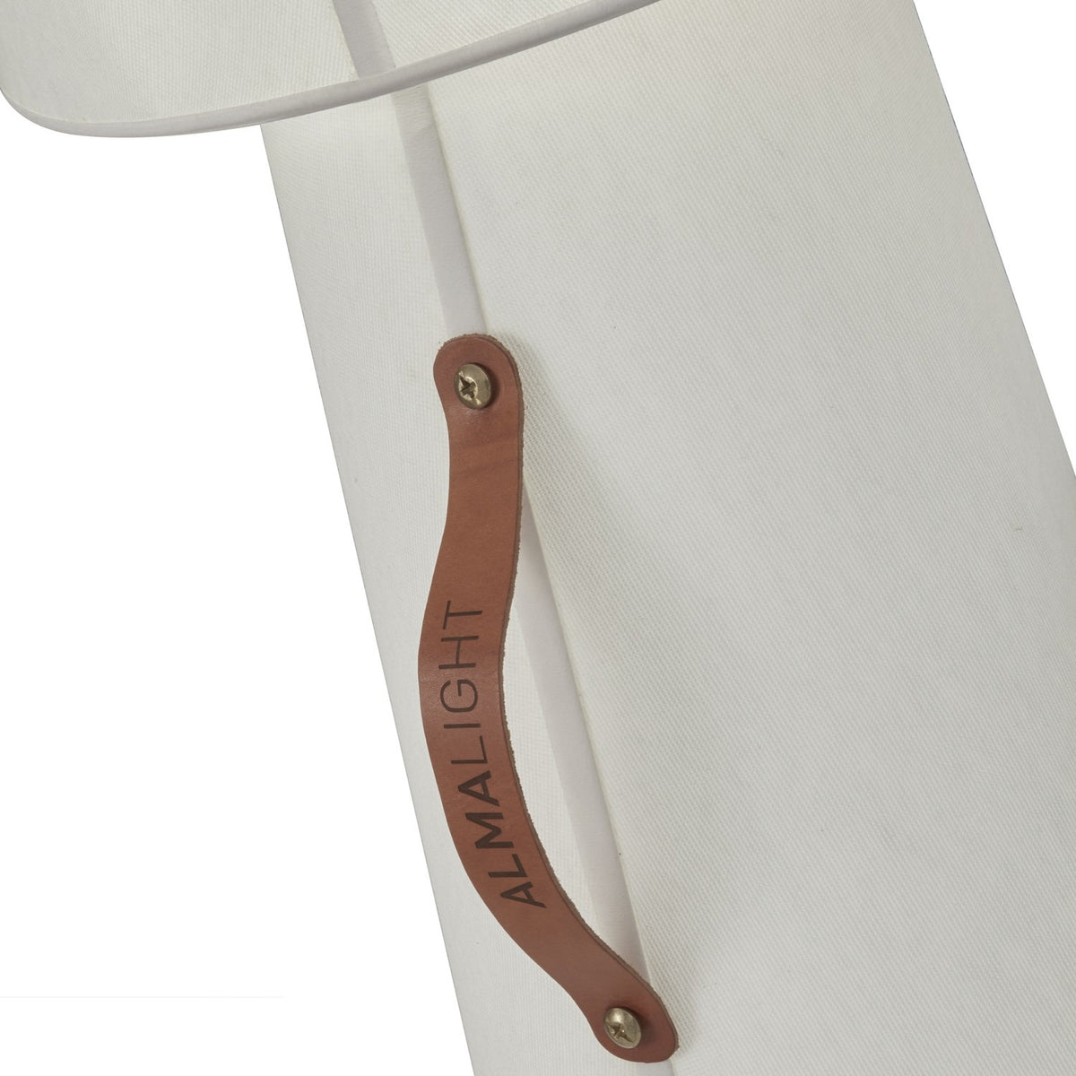 Close-up of the Big Brother 3 Light Fabric Floor Lamp in white, showing the tapered fabric-clad body with a brown leather pull tab labelled Almalight, secured by metal screws.