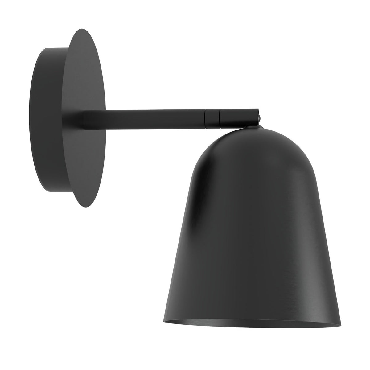 Tessa Dome Adjustable Wall Light in matt black, with a round wall plate, slim arm, and angled dome shade for an E27 bulb, shown on a plain white background.