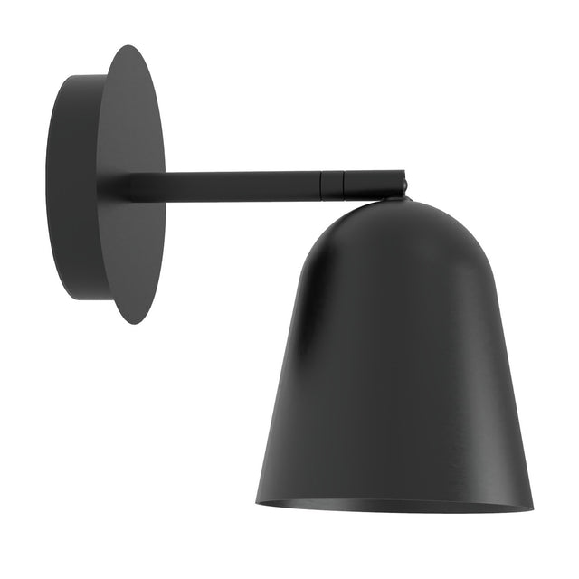 Tessa Dome Adjustable Wall Light in matt black, with a round wall plate, slim arm, and angled dome shade for an E27 bulb, shown on a plain white background.