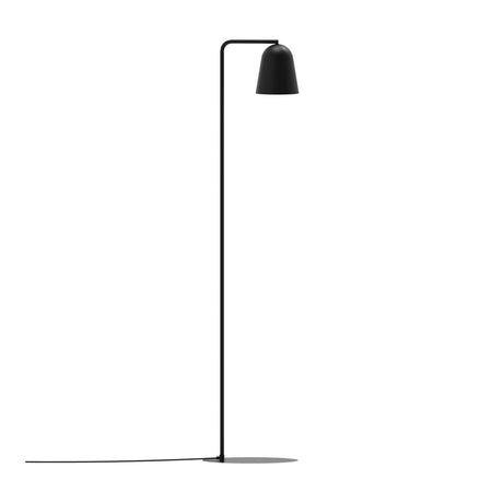 Tessa Dome Floor Lamp in matt black, with a slim upright stem, short top arm, small dome shade, round flat base and E27 fitting, shown against a plain white background.