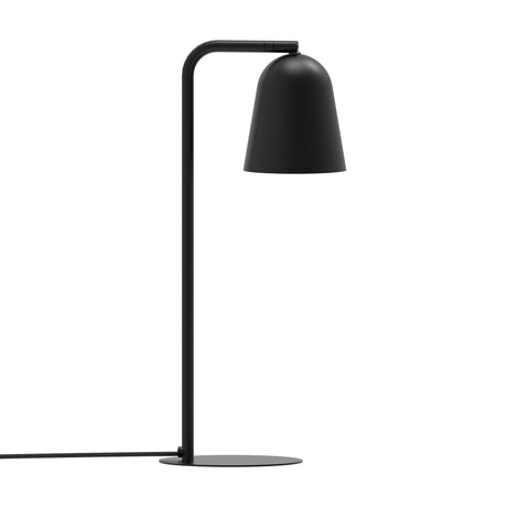 Tessa Dome Table Lamp in matt black, featuring a slim iron stem with a curved top holding a small aluminium dome shade over a flat disc base, shown on a plain white background.