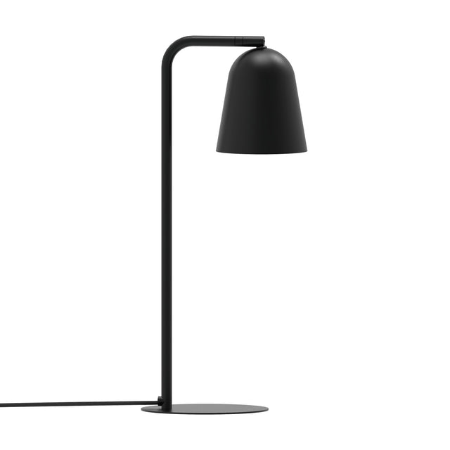 Tessa Dome Table Lamp in matt black, featuring a slim iron stem with a curved top holding a small aluminium dome shade over a flat disc base, shown on a plain white background.