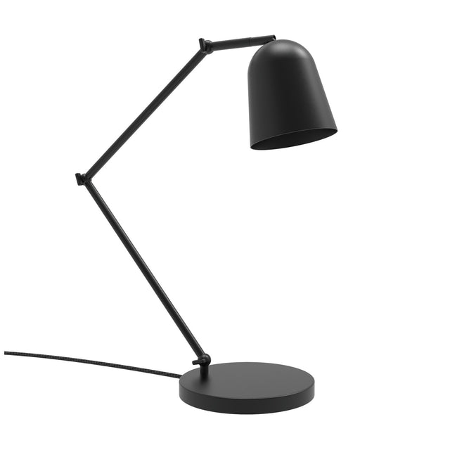 Tessa Articulated Dome Adjustable Table Lamp in matt black, featuring a jointed two-section arm, round base, and aluminium dome shade, shown on a plain white background.