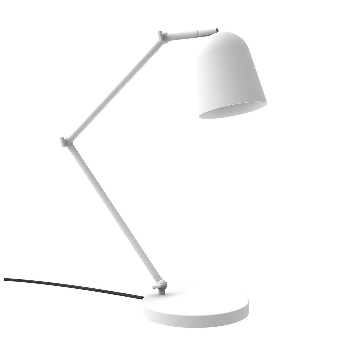 Tessa Articulated Dome Adjustable Table Lamp in matt white, with a jointed iron arm and aluminium dome shade on a round base, shown on a plain white background.