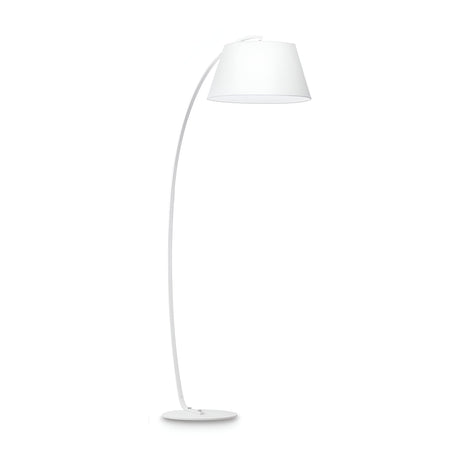 Introducing the Vellum Floor Lamp in White, featuring a sleek Scandinavian-style with an arched design and circular base. It includes a large, wide lampshade that angles downwards, showcasing its minimalist lighting design with clean lines and a contemporary appearance.