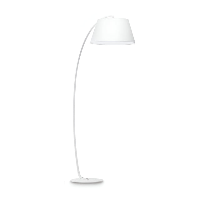 Introducing the Vellum Floor Lamp in White, featuring a sleek Scandinavian-style with an arched design and circular base. It includes a large, wide lampshade that angles downwards, showcasing its minimalist lighting design with clean lines and a contemporary appearance.
