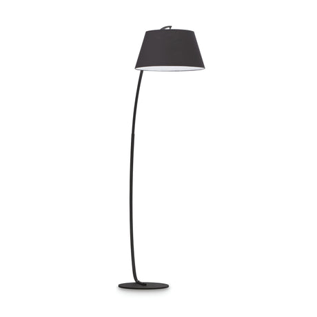 Presenting the Vellum Floor Lamp - Black, a modern lighting fixture characterized by its curved black metal stand and adjustable tilt lampshade. Its round, flat base seamlessly adds sleek elegance to any contemporary decor.