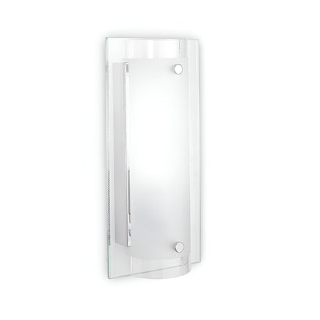 The Allure Wall Light - White captures modern elegance through its minimalist design, showcasing a frosted glass panel and slim metallic frame. This stylish fixture includes two chrome brackets and boasts a sleek, rectangular shape, providing ambient lighting that emits a soft, diffused glow.