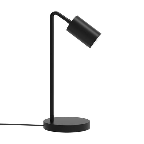 Boir Table Lamp in matt black iron with a round flat base, straight upright stem, and angled cylindrical GU10 shade, shown on a plain white background.
