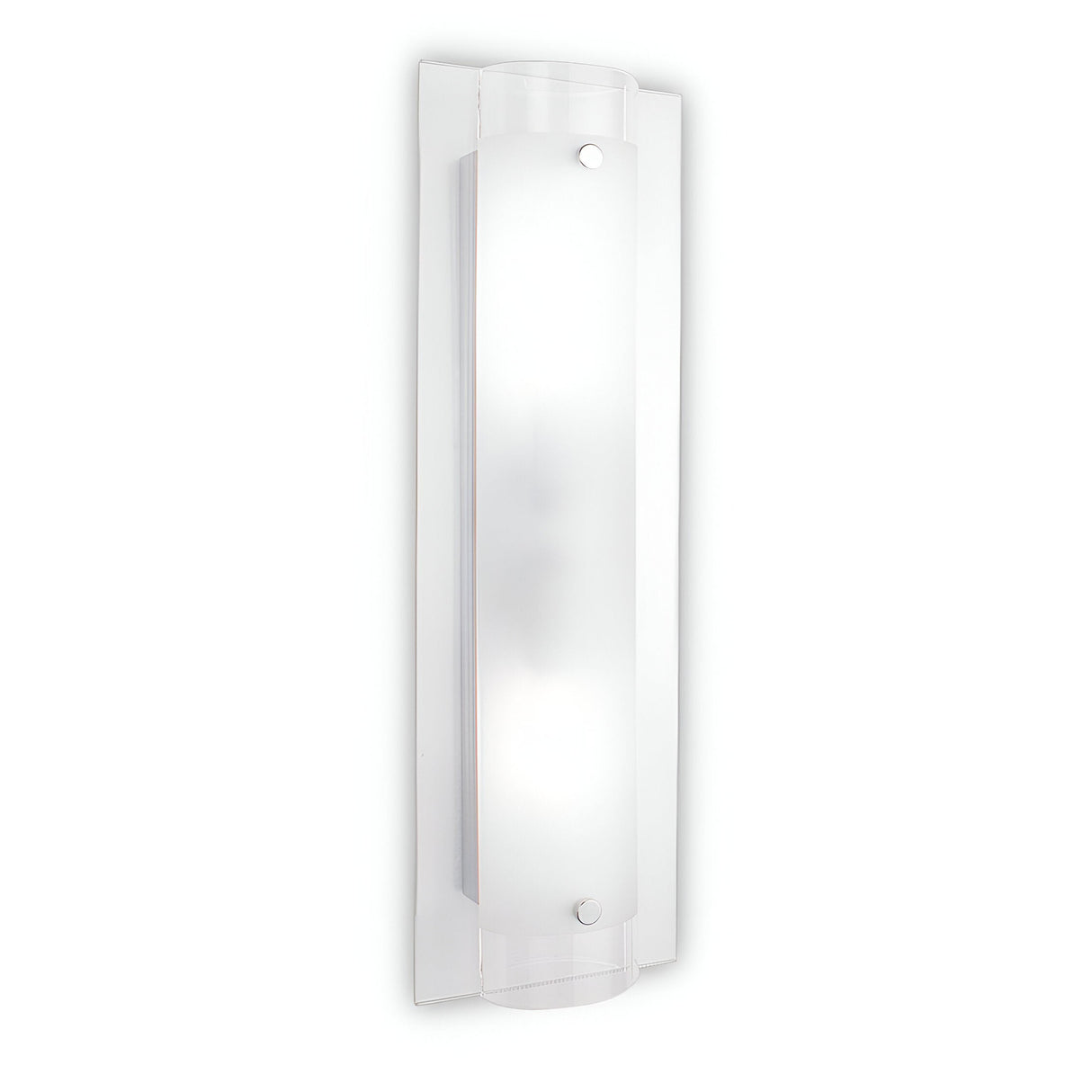 The Allure 2 Light Wall Light - White features a modern, minimalist design with a curved sandblasted Pyrex glass shade and a rectangular backplate, mounted vertically for a clean look.